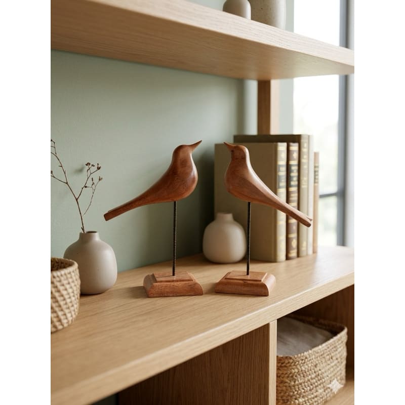 Kit  com 2 Esculturas de Pássaro em  Madeira Decoração