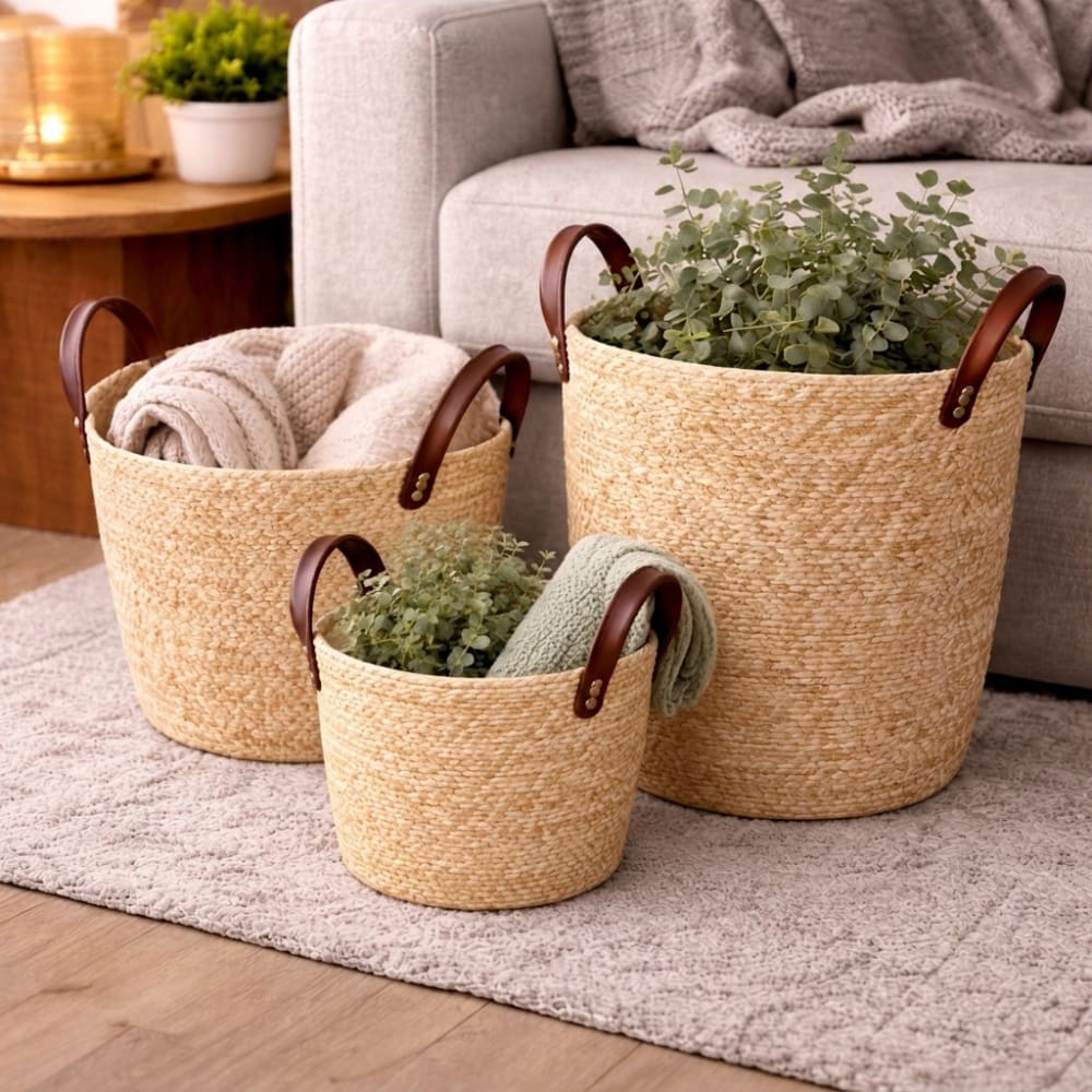 Cesto Organizador Boho Multiuso em Fibra Natural com Alça